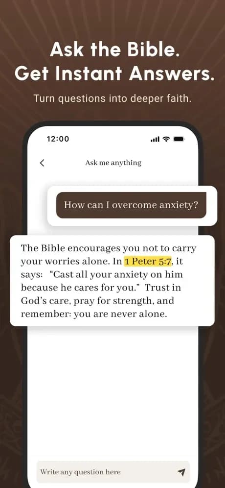 Bible Note Ask the Bible screen with a question, a cited passage, and a response