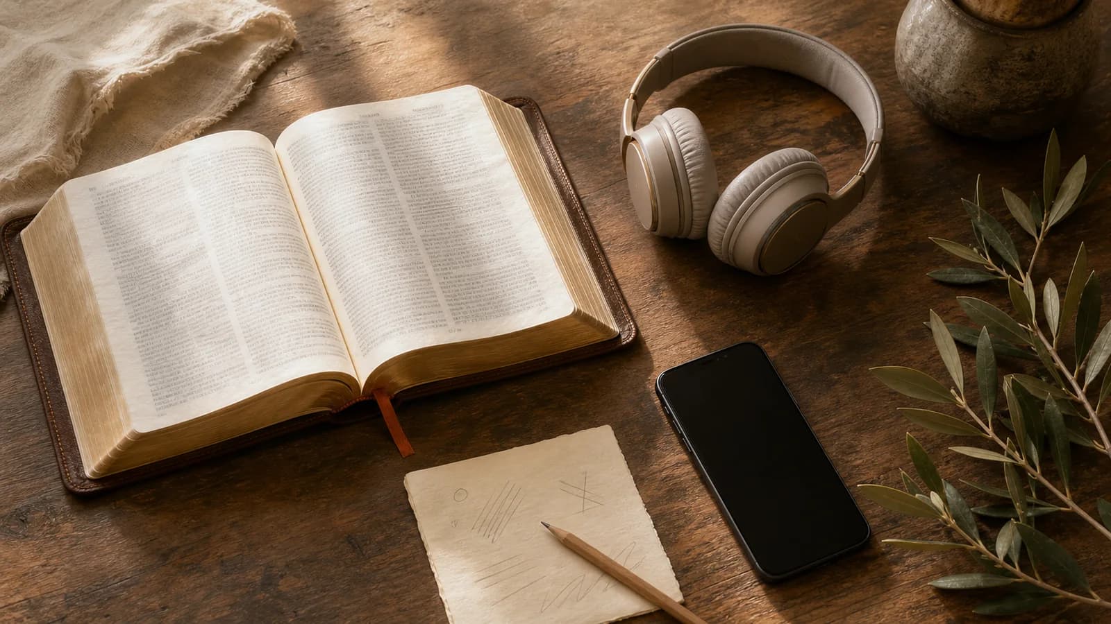An open Bible with headphones, a small notebook, and a phone on a warm table, suggesting different weekly study rhythms