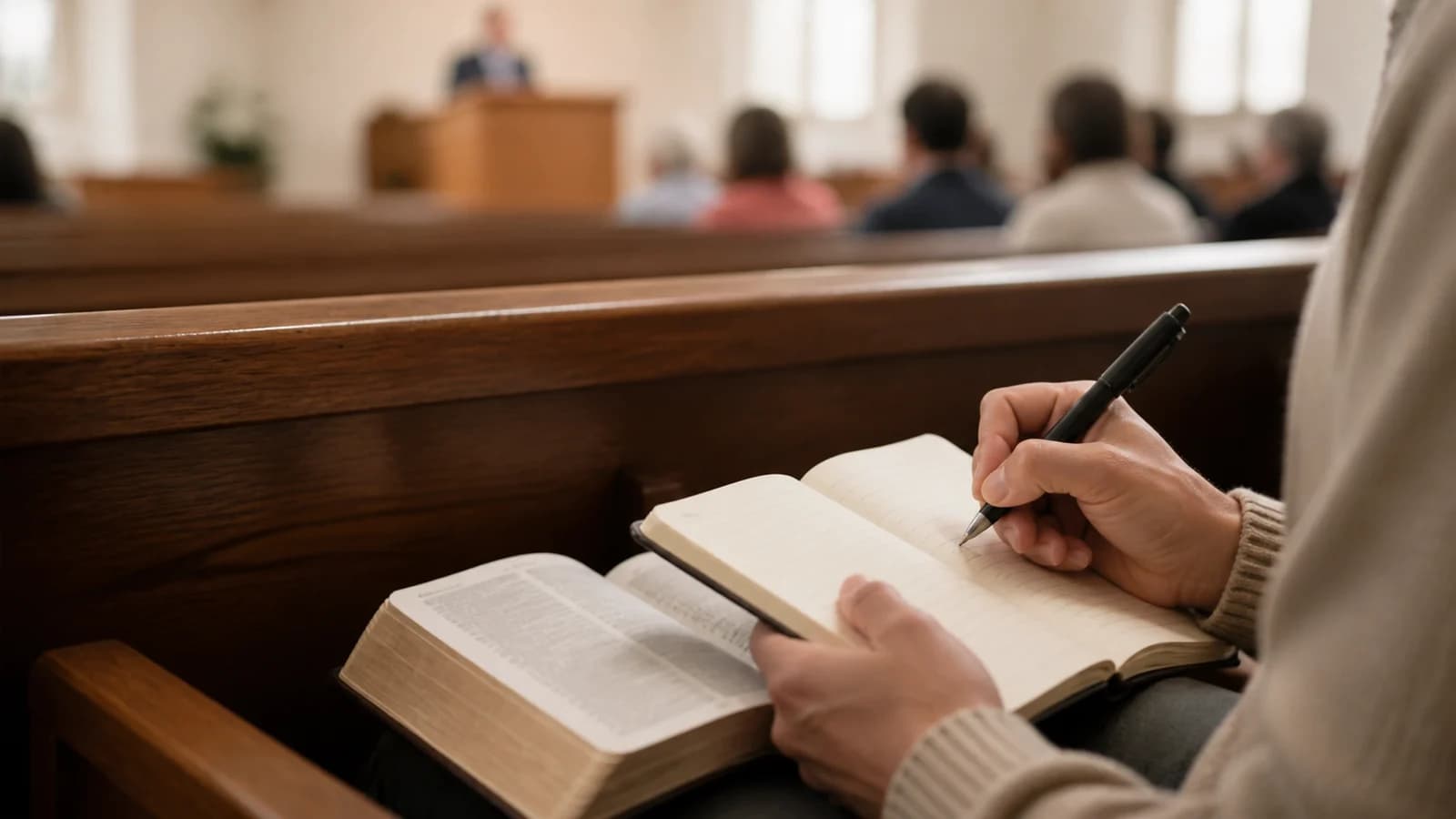 A listener making notes beside an open Bible on a wooden church pew