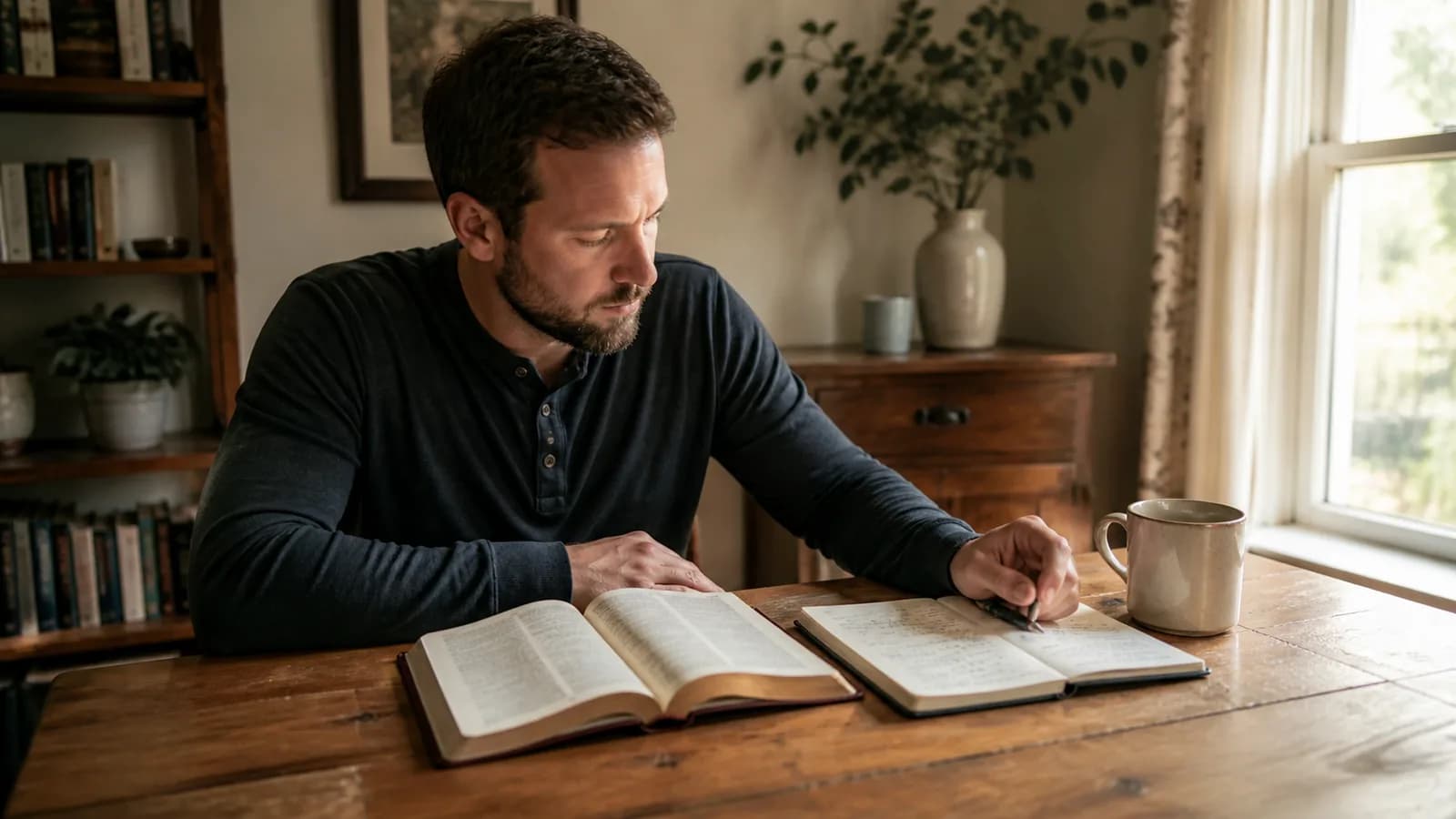 A person reviewing an open Bible and handwritten sermon notes at a wooden table
