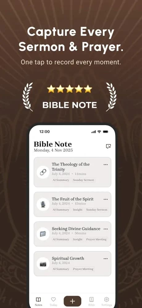 Bible Note notes screen showing saved sermon and prayer notes