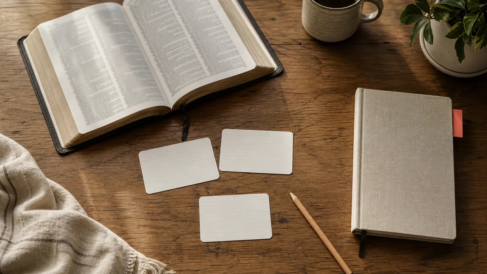 An open Bible, a notebook, and several study cards on a warm wooden table