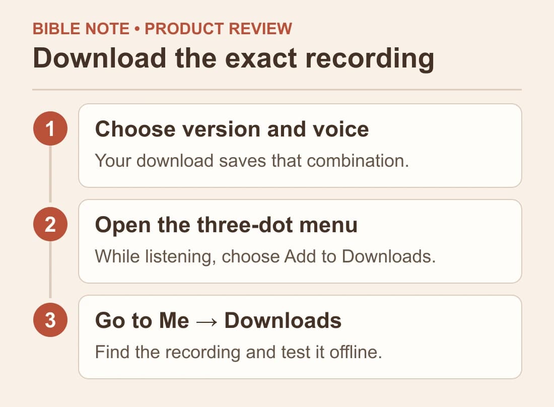 Download the exact recording: Choose version and voice; Open the three-dot menu; Go to Me → Downloads