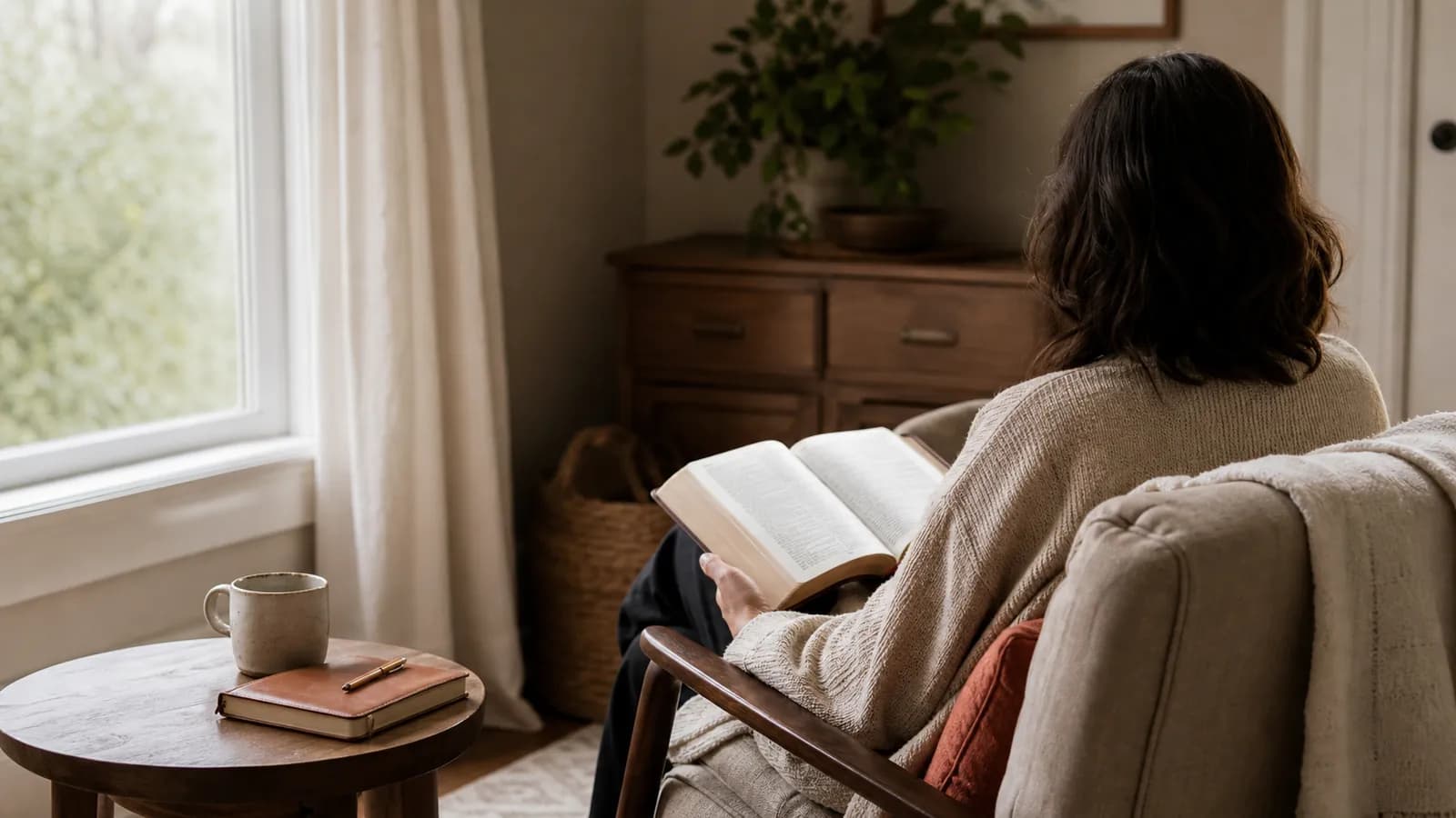A person sitting with an open Bible and journal in a quiet chair by a window