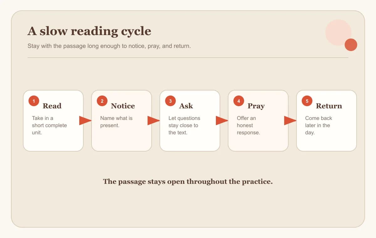 A five-step Bible meditation cycle from reading through returning later