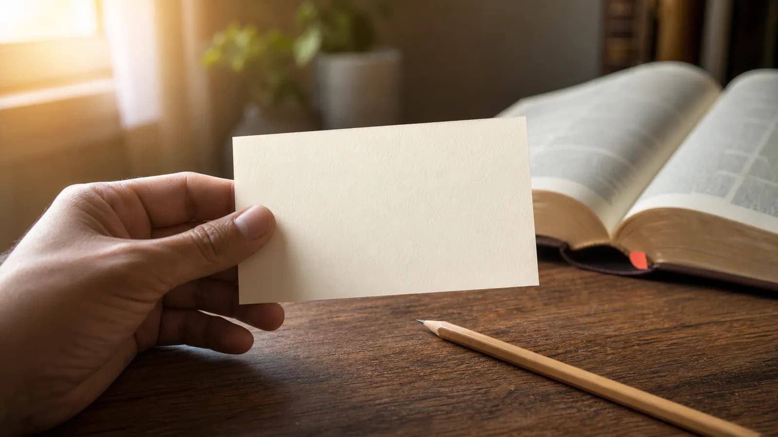 A hand holding a blank study card beside an open Bible and pencil