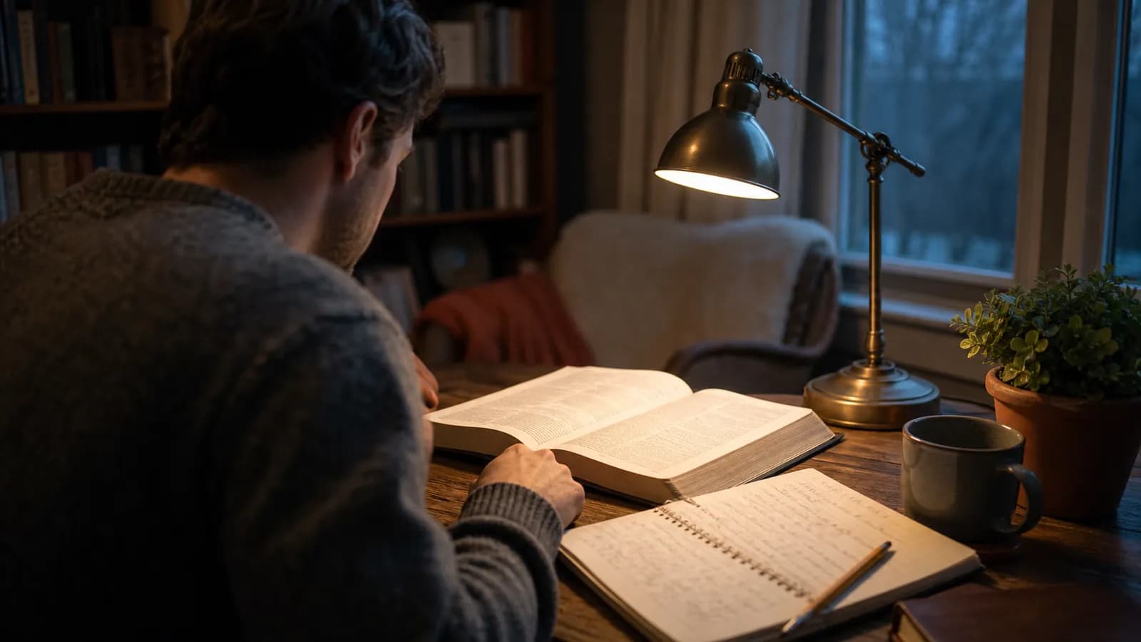 A reader studying an open Bible beside layered handwritten context notes