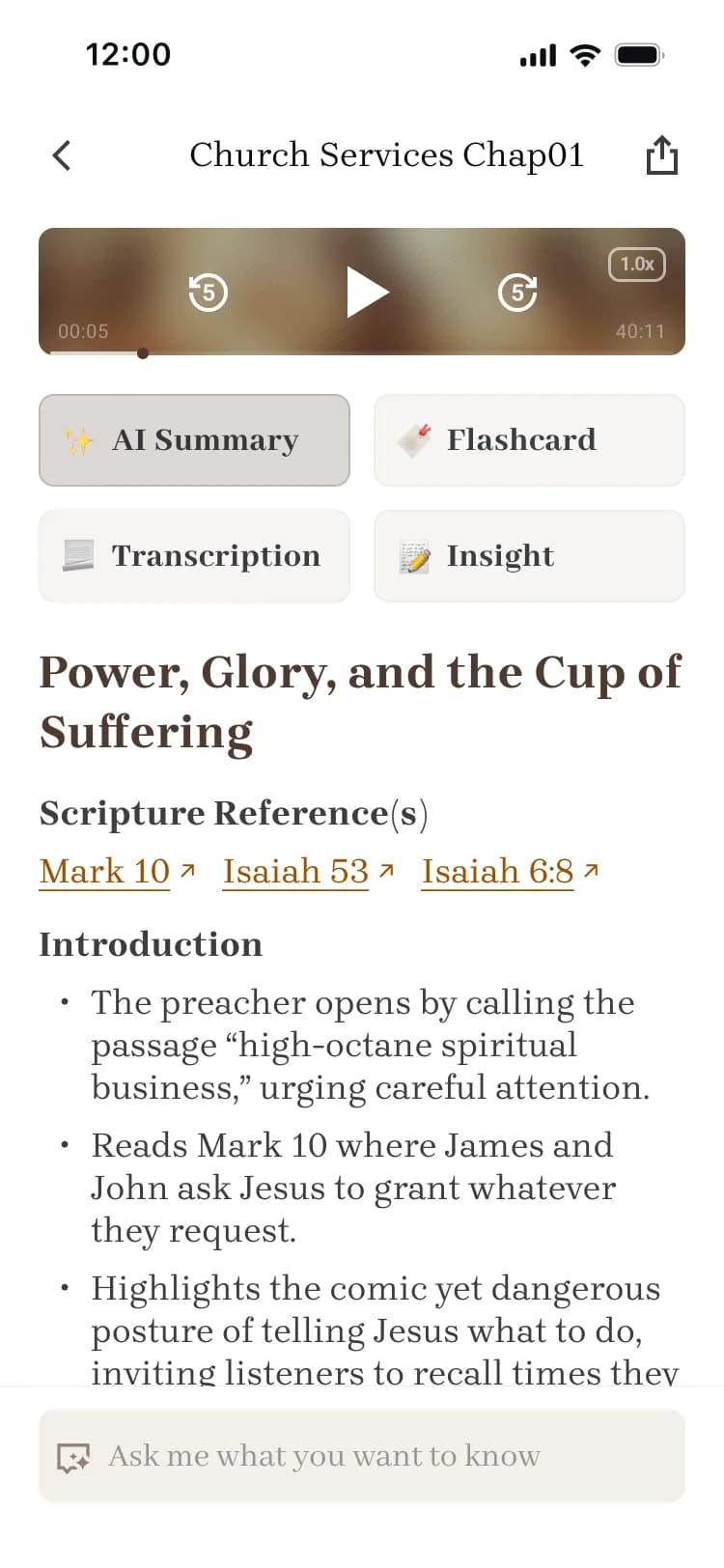 Bible Note sermon notes app showing an AI-generated sermon summary with linked Scripture references