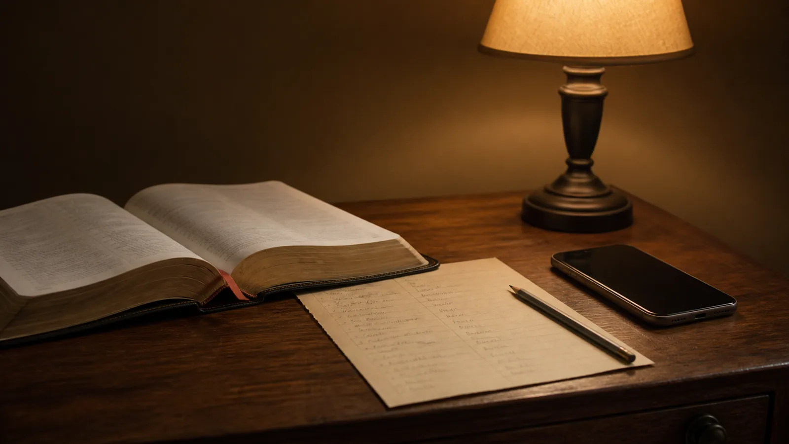 An open Bible, a handwritten study plan, and a phone beside a lamp on a warm reading table