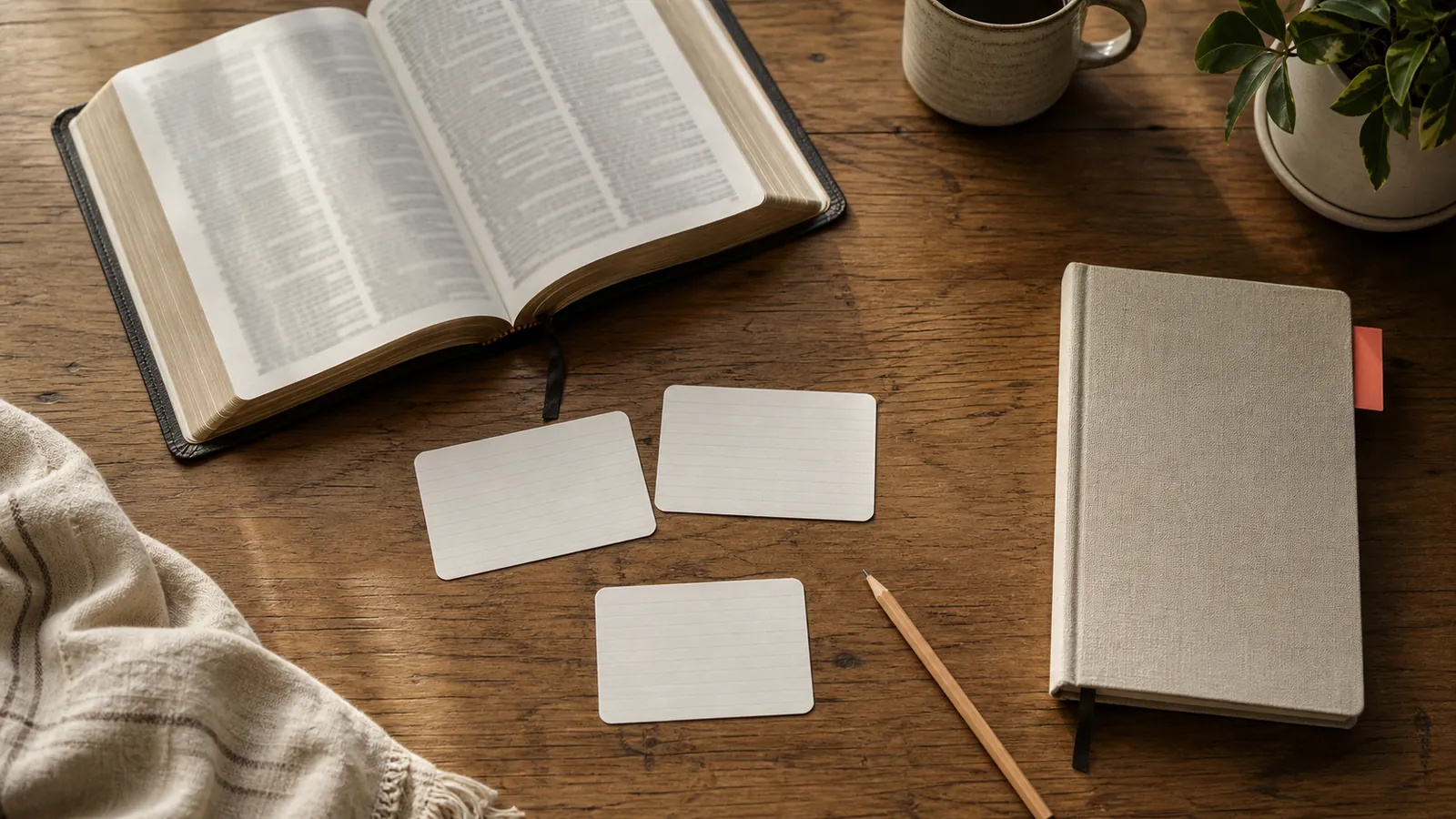 An open Bible, a notebook, and several study cards on a warm wooden table