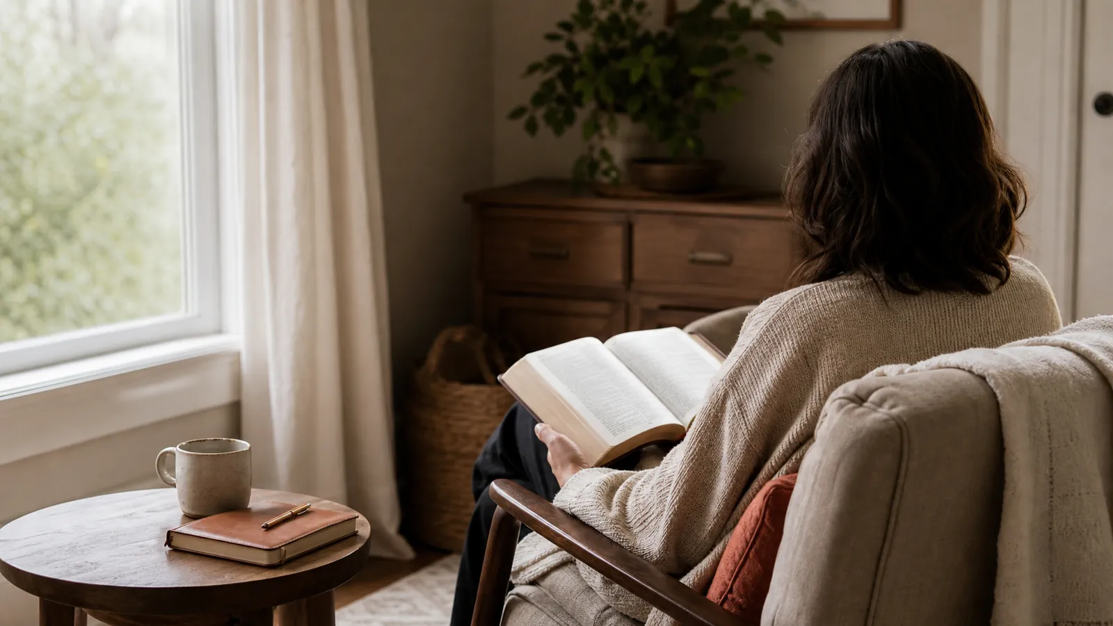 A person sitting with an open Bible and journal in a quiet chair by a window