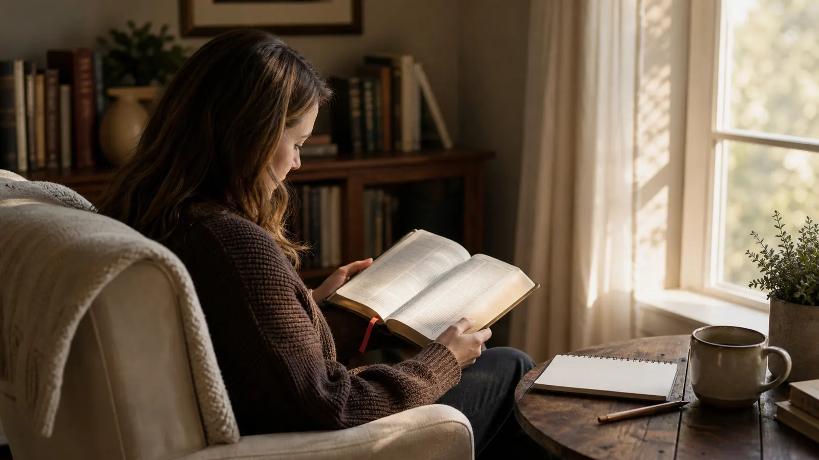 A reader sitting beside a window with an open Bible and a small notebook