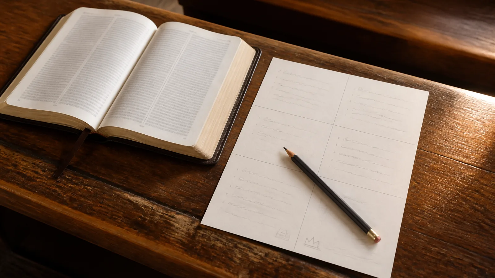 An open Bible, a divided sermon-note page, and a pencil on a wooden church pew
