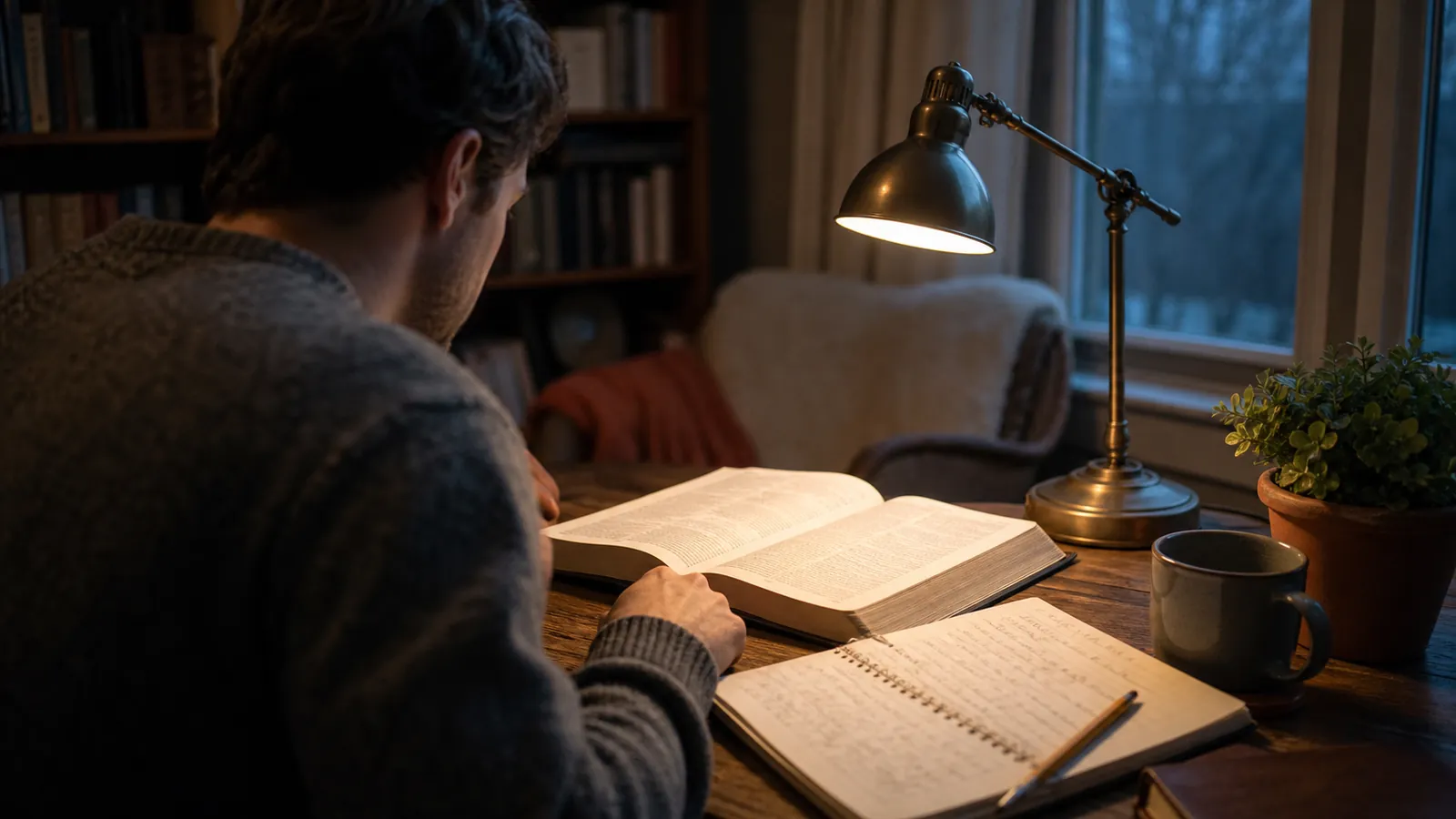 A reader studying an open Bible beside layered handwritten context notes