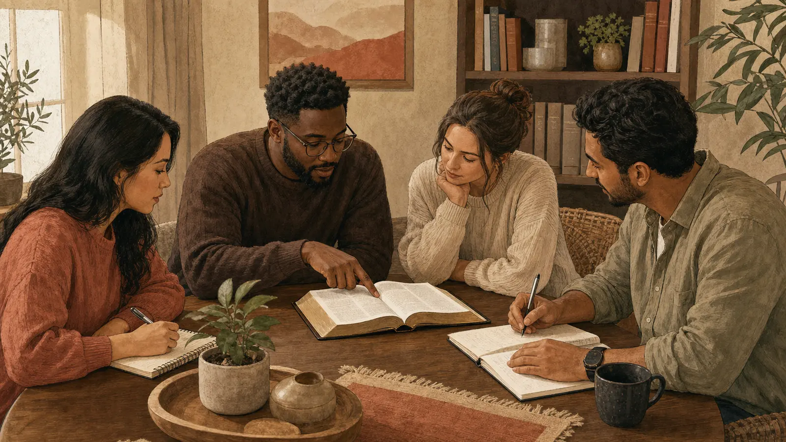 Four adults studying an open Bible and taking notes around a wooden table