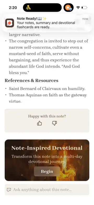 Bible Note note detail with references and an entry to a note-inspired devotional