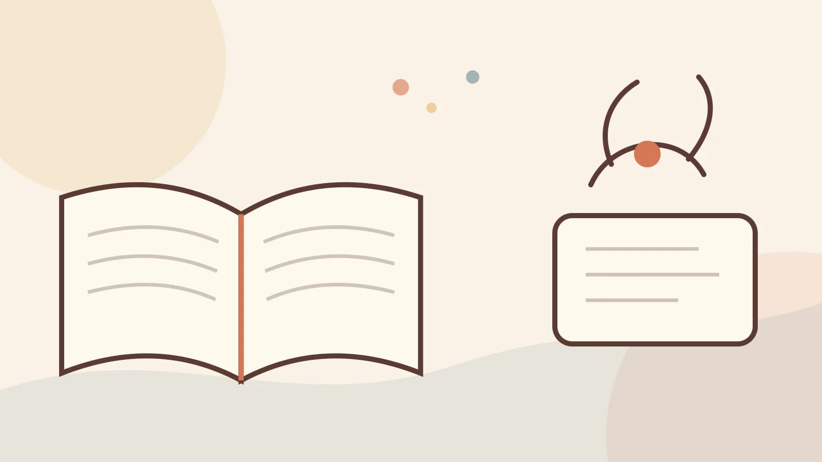 Illustration of an open Bible beside a prayer symbol and a note card on a cream background