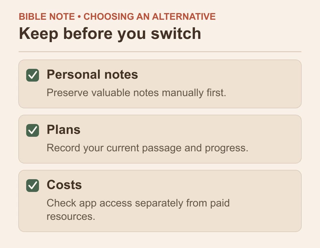 Keep before you switch: Personal notes; Plans; Costs