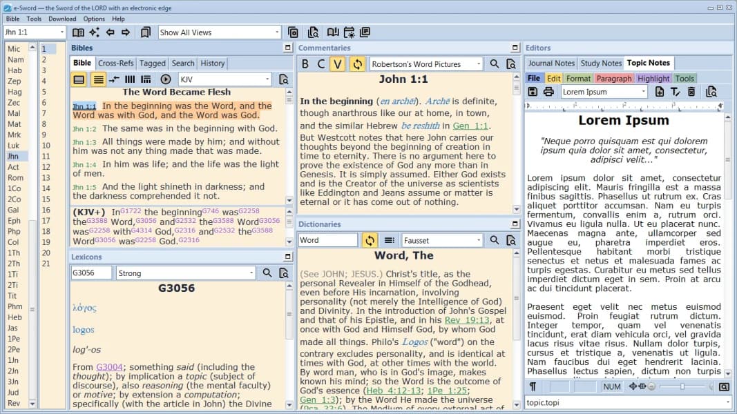 e-Sword official site screenshot showing the PC Bible, commentary, lexicon, and notes workspace, captured October 2026