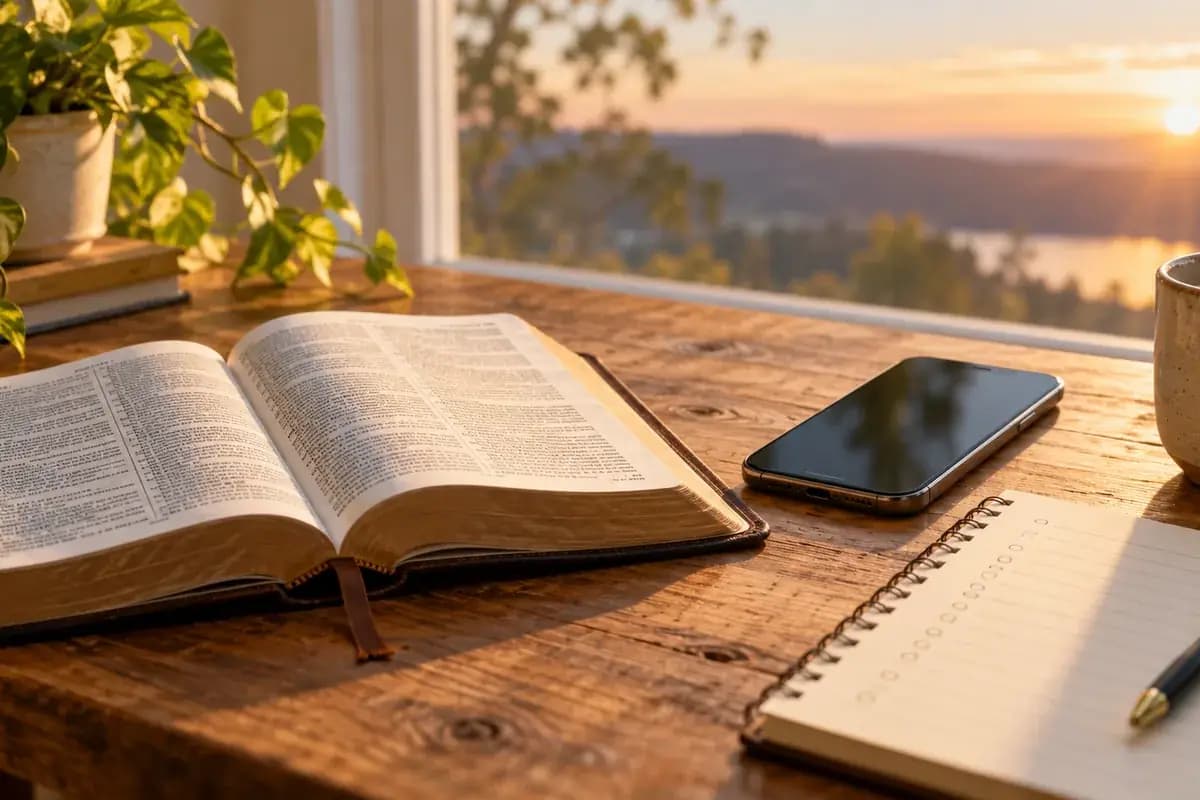 A phone beside an open Bible and a handwritten prayer list on a quiet table