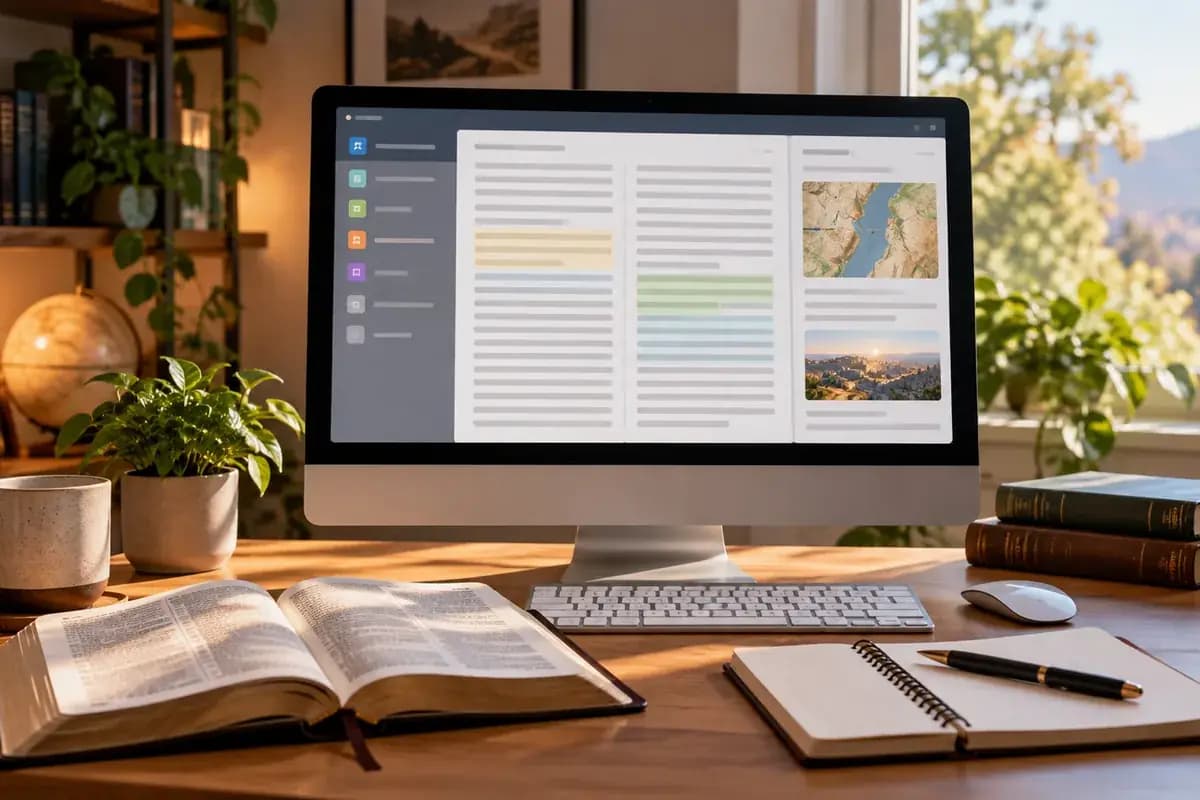 A laptop with a Bible study workspace beside printed pages, a notebook, and a pencil
