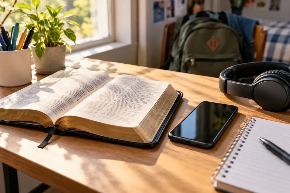 A Bible, phone, and headphones on a desk beside a school notebook