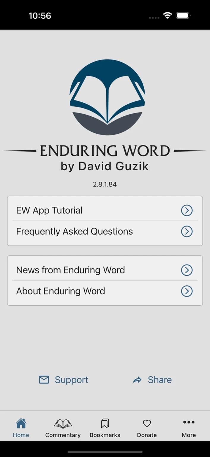 Enduring Word official US iPhone listing screenshot showing its home screen with commentary navigation
