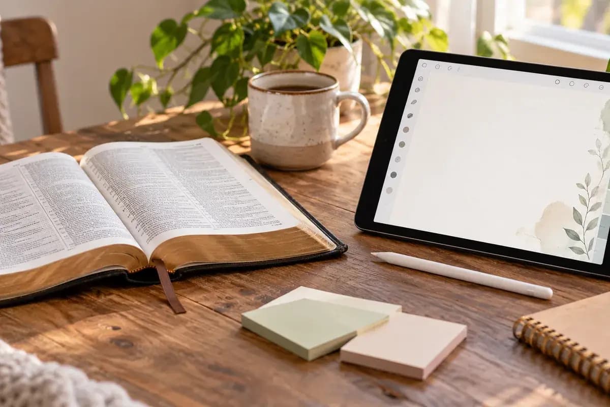An open Bible and a phone beside a notebook for comparing Bible journaling apps