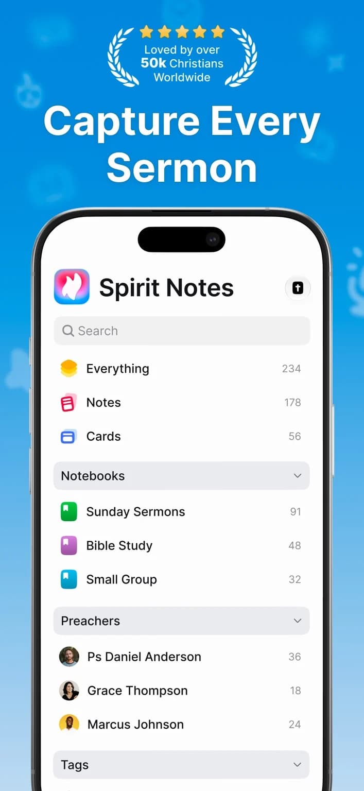 Spirit Notes official US iPhone listing screenshot showing sermon and Bible-study notebook groups