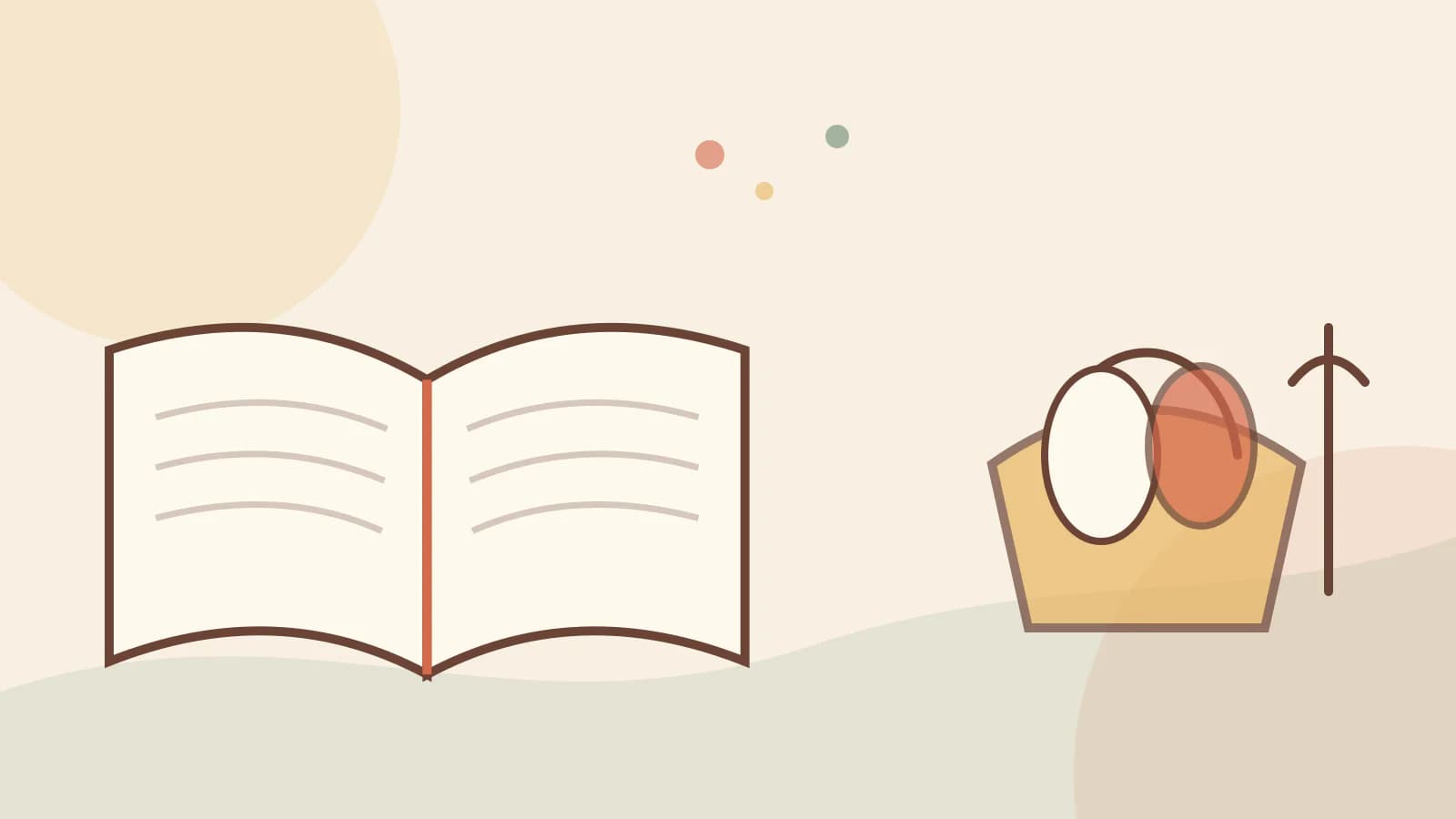 An open Bible beside a simple illustration of a basket and a staff