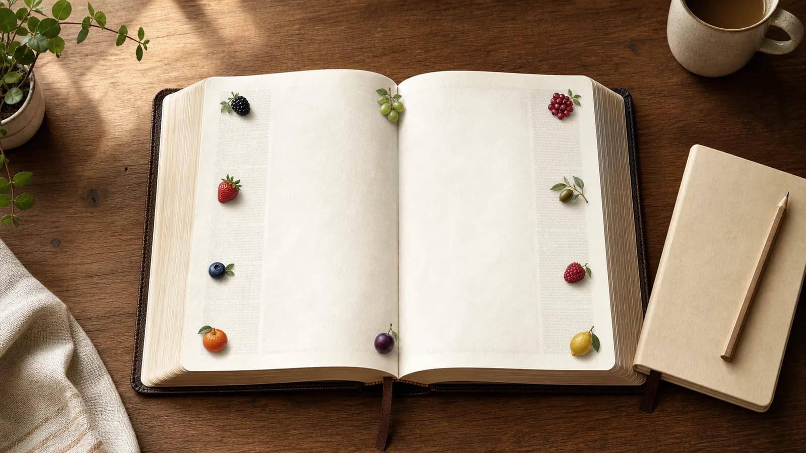 An open Bible decorated with small pieces of fruit on a wooden desk beside a notebook and mug