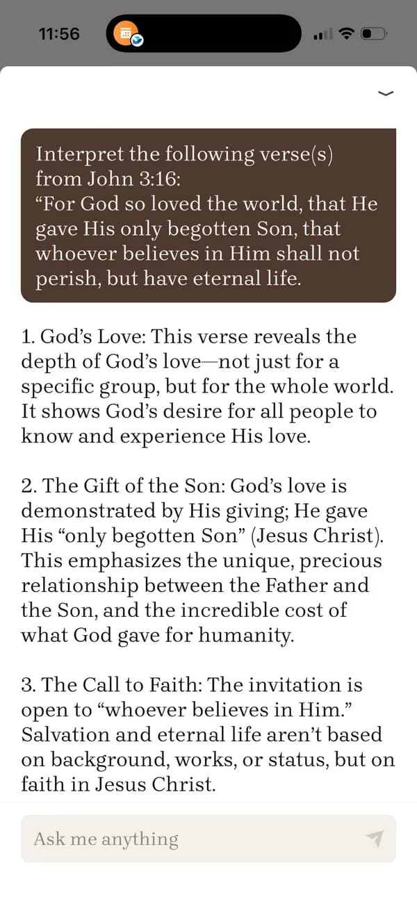 Bible Note Bible Study Chat showing a passage interpretation with structured points