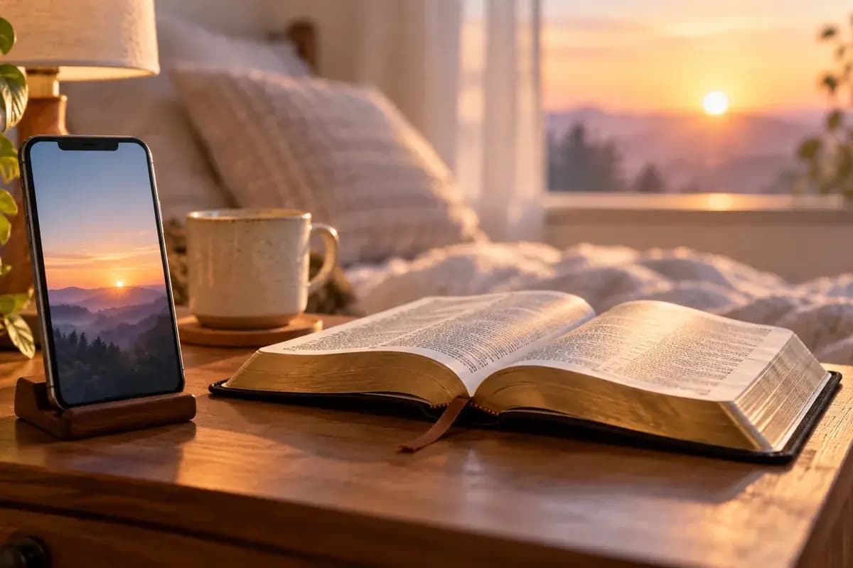 An open Bible and a phone beside a notebook for comparing Bible verse lock screen apps