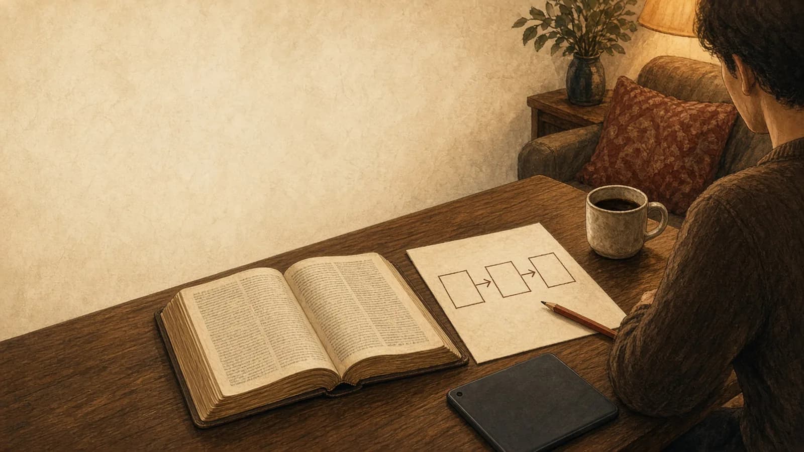A living-room table with an open Bible, a paper sketch of a book outline, and a tablet lying face down