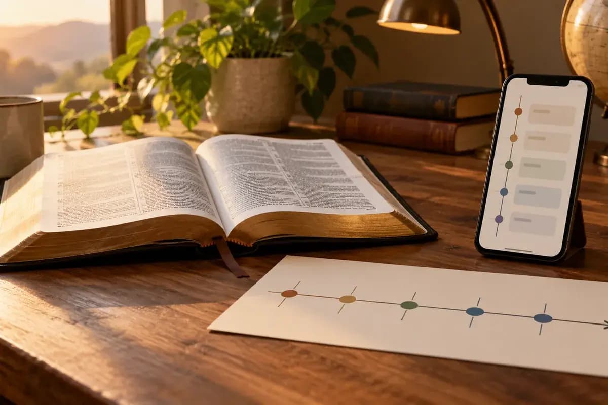 An open Bible beside a simple timeline card and a phone on a wooden desk