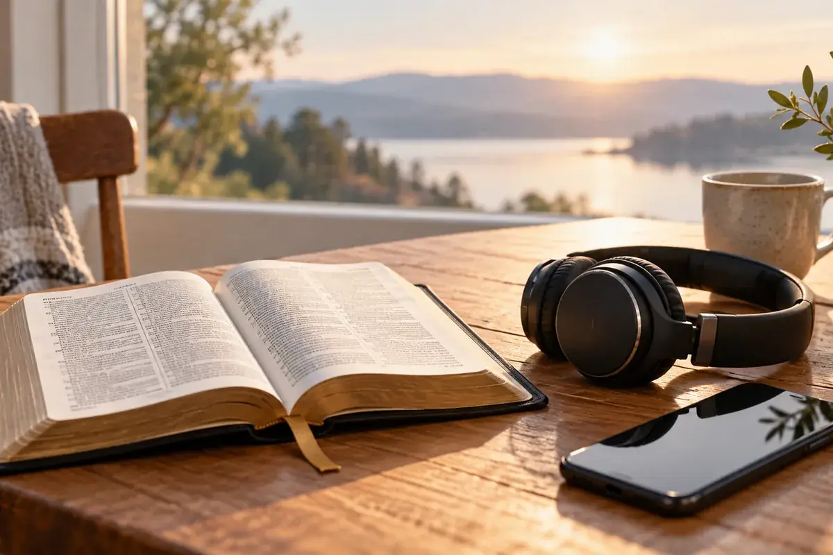 An open Bible and a phone beside a notebook for comparing audio Bible apps