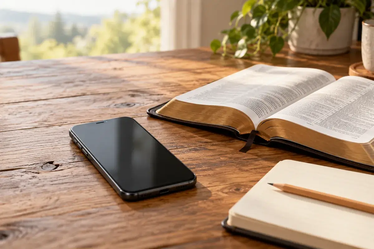 An Android phone beside a marked Bible and a pencil on a wooden desk