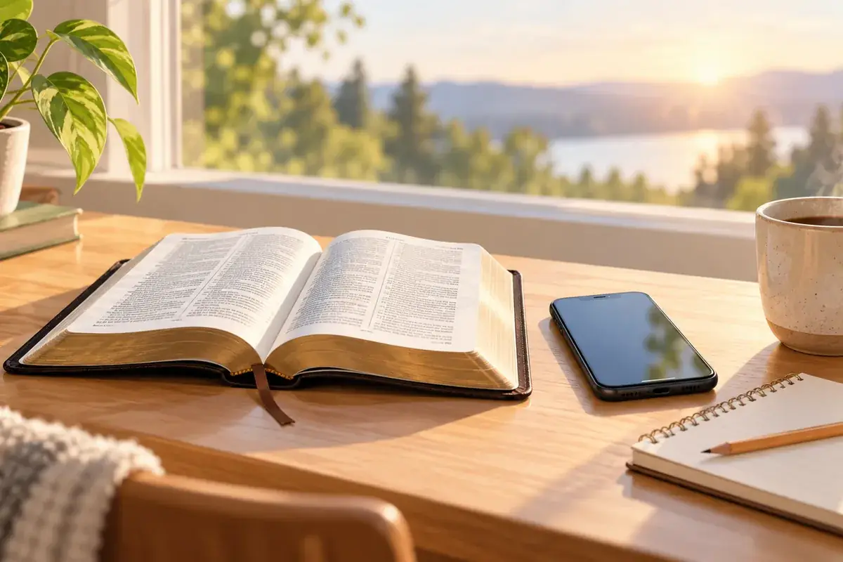 A beginner Bible reader with an open Bible, phone, and pencil on a welcoming table