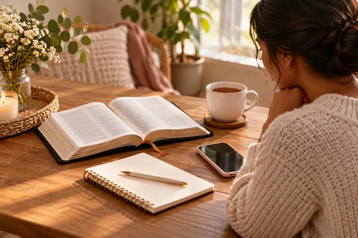 An open Bible, a notebook, and a phone beside a cup of tea on a quiet table
