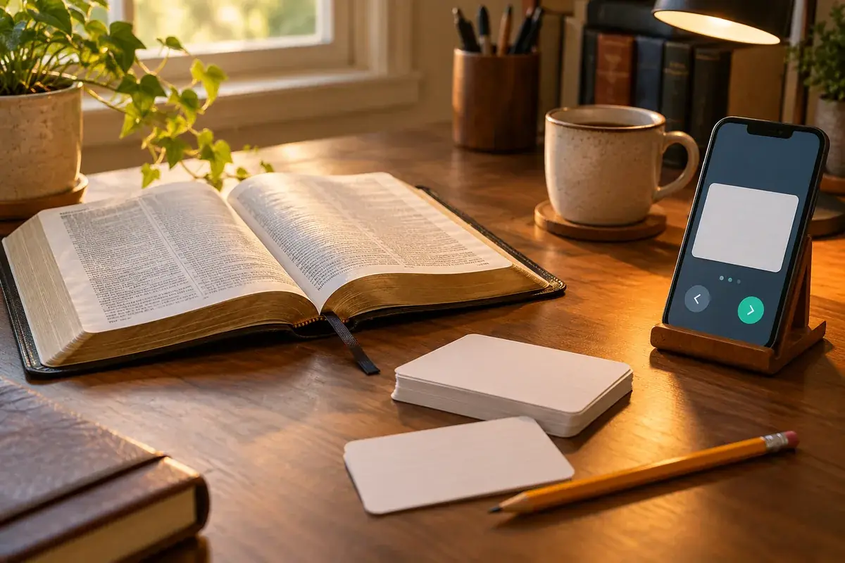 An open Bible and a phone beside a notebook for comparing Bible memory apps