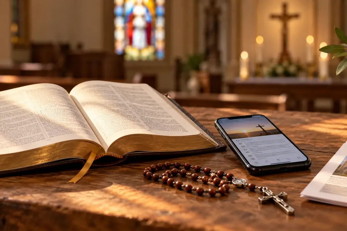 A Bible, rosary, and phone beside a parish bulletin on a wooden table