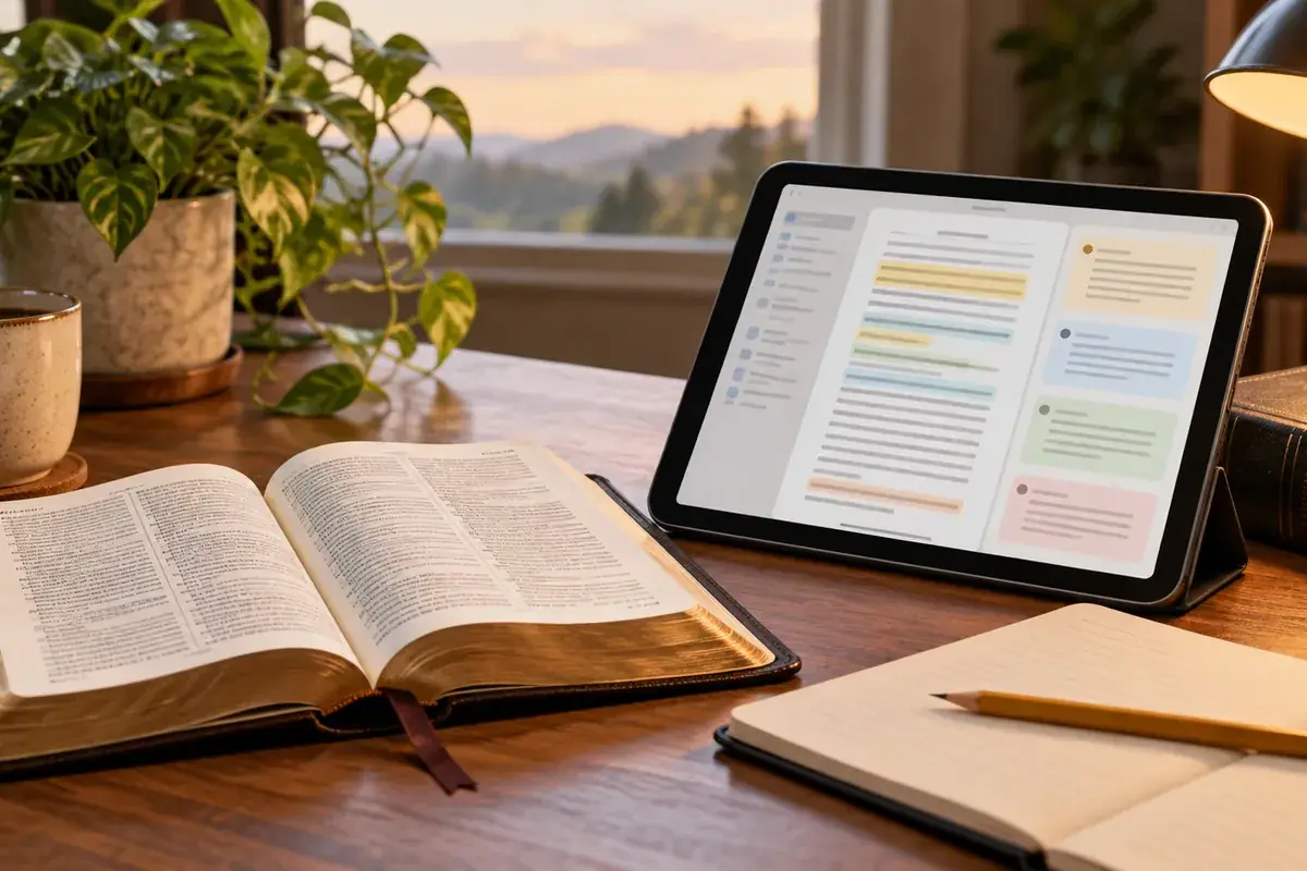 An open Bible and a phone beside a notebook for comparing Bible apps with commentary