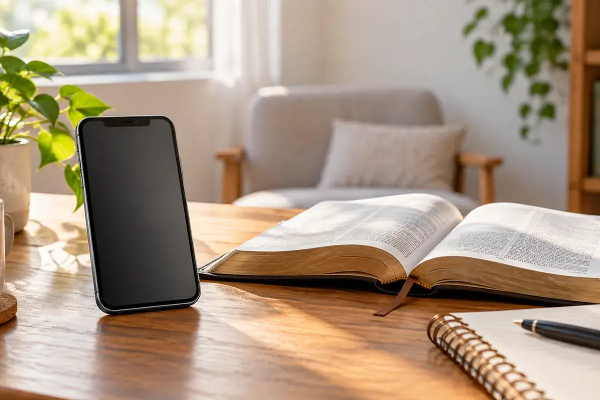 An open Bible and a phone beside a notebook for comparing Bible apps without ads