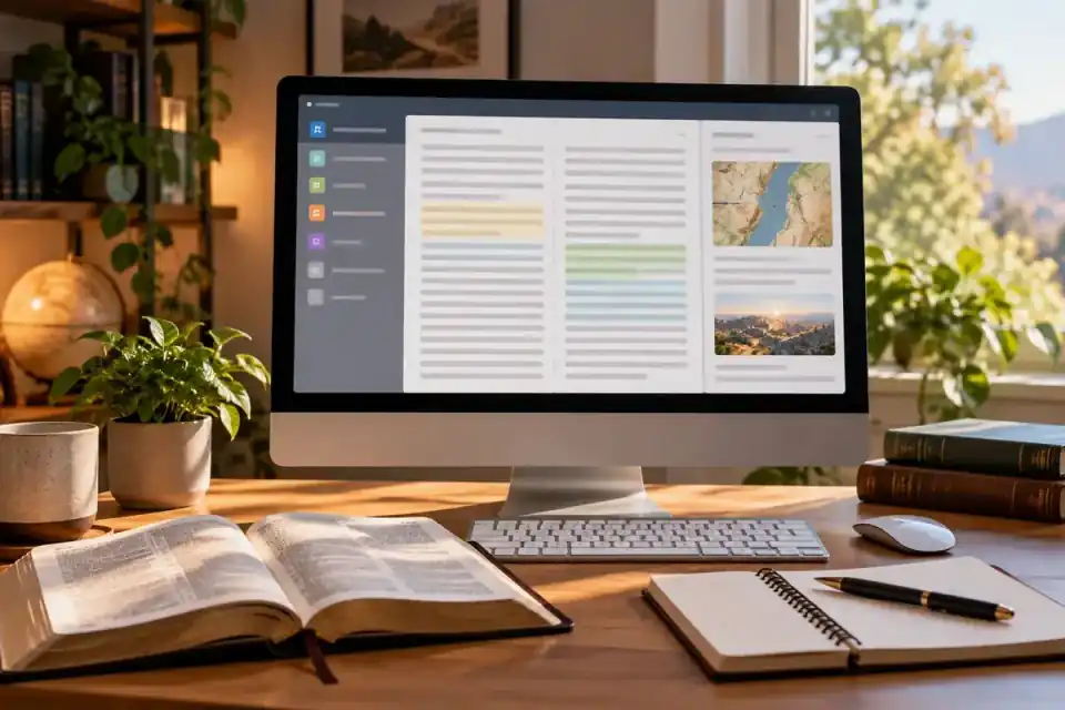 An open Bible, notebook, and desktop study screen on a sunlit desk