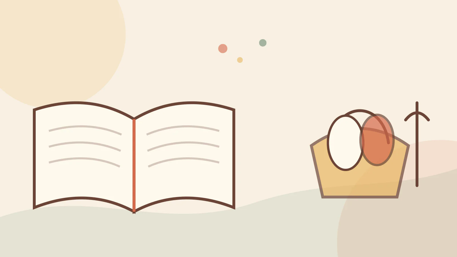 An open Bible beside a simple illustration of a basket and a staff