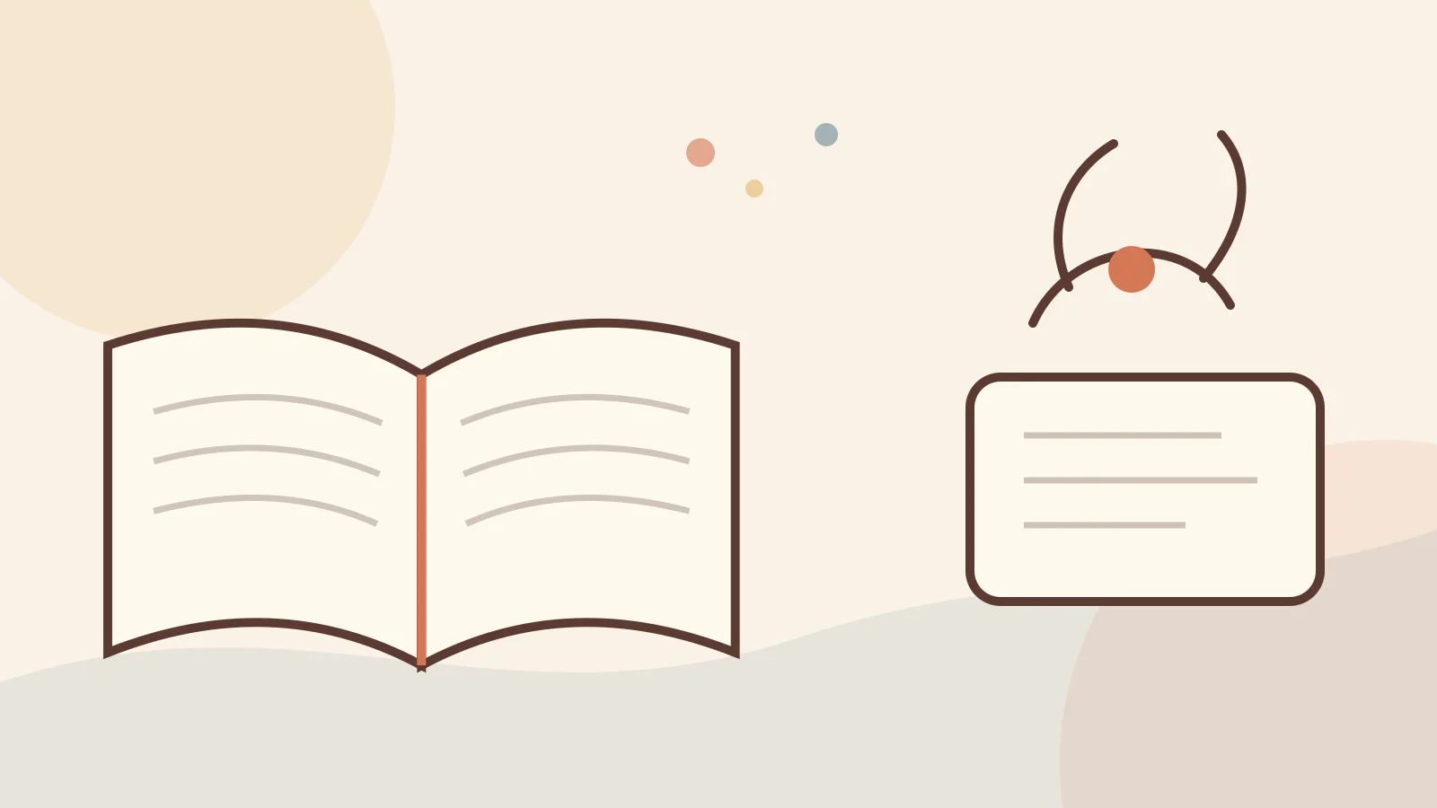 Illustration of an open Bible beside a prayer symbol and a note card on a cream background
