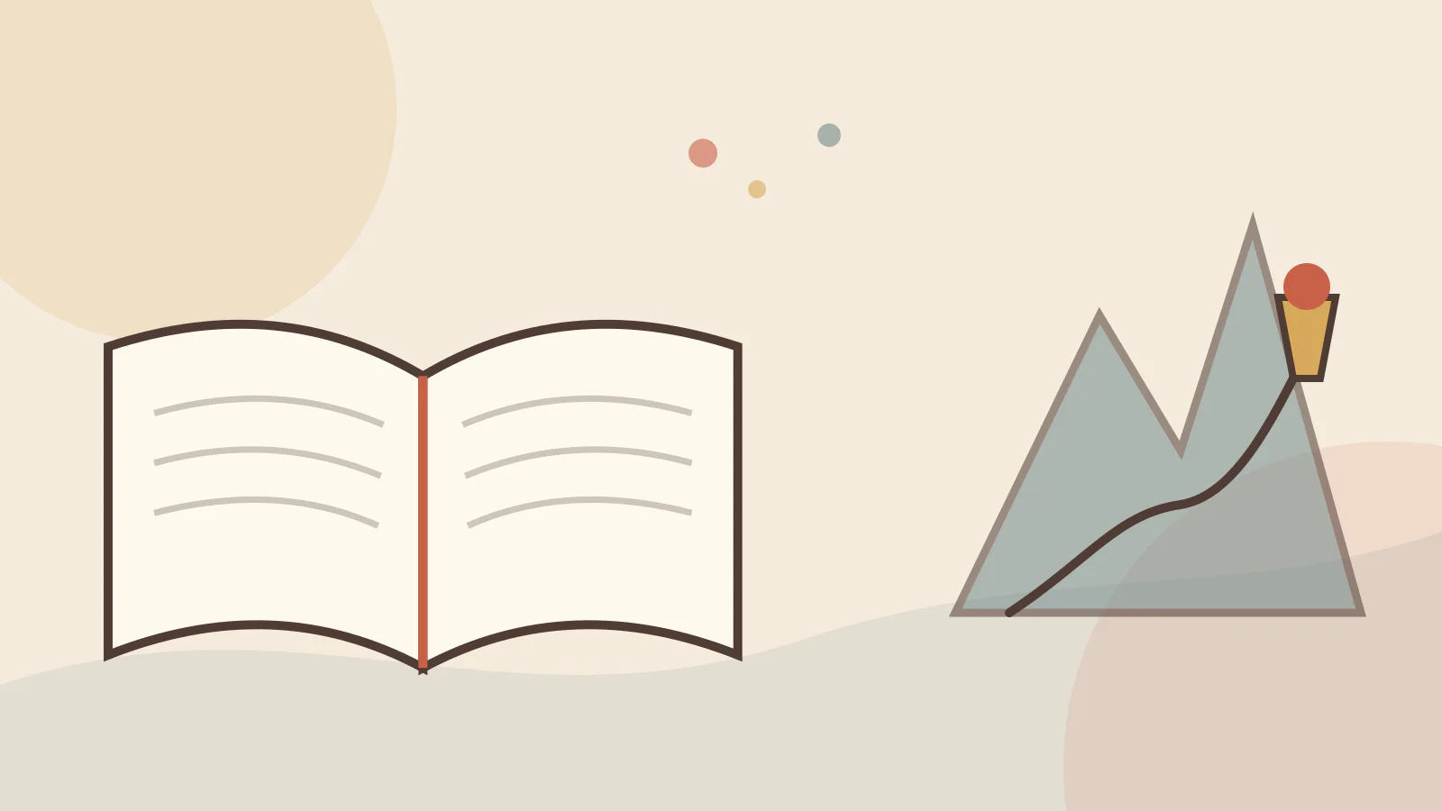 An open Bible beside a winding mountain path and a torch