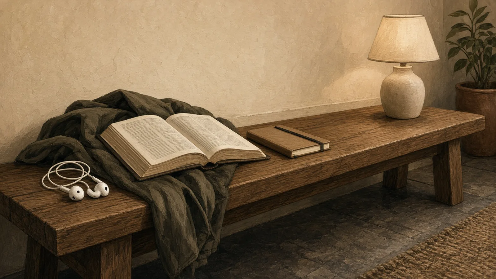 Earbuds coiled on a wooden entryway bench beside an open Bible and a blank notebook