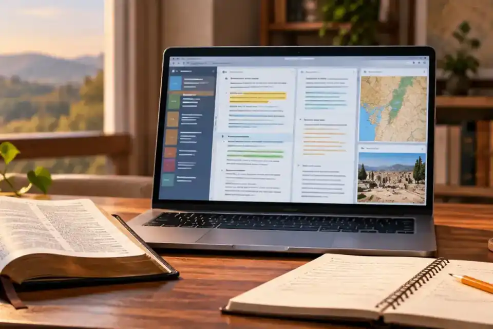 A laptop beside an open Bible, a notebook, and a pencil