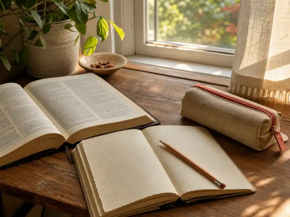An open Bible and blank notebook beside a sunny window, representing passage study and notes